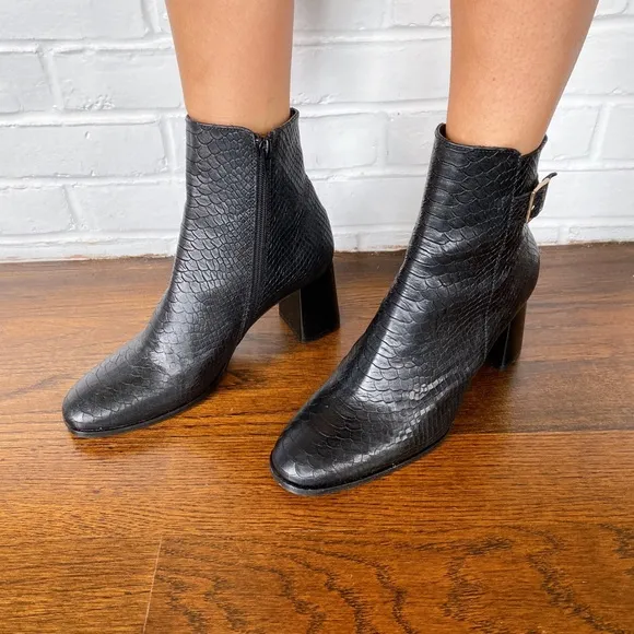 🖤 ANTONIO DE FARIA BLACK GENUINE LEATHER CROC EMBOSSED CHUNKY HEEL BOOTIES!
