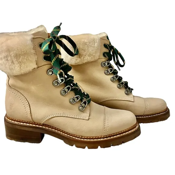 𝐅𝐑𝐘𝐄 Samantha Hiker Boot Suede Shearling Green Laces Size 5.5