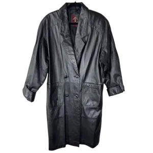100% Leather Long Black Double Breasted Lined Trench Coat Men’s Med Woman’s Larg