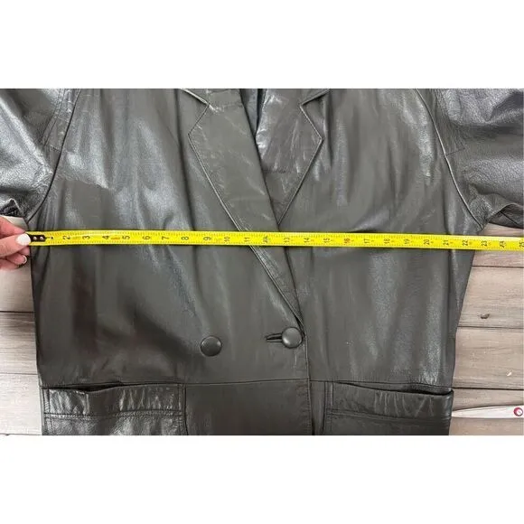 100% Leather Long Black Double Breasted Lined Trench Coat Men’s Med Woman’s Larg