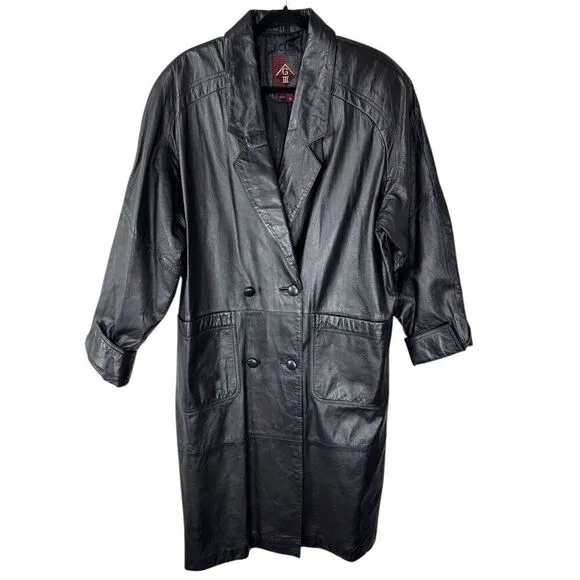 100% Leather Long Black Double Breasted Lined Trench Coat Men’s Med Woman’s Larg
