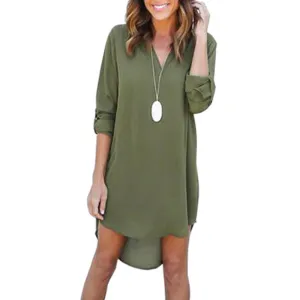 3XL Women's Plunging Neck Chiffon Dress Long Sleeve Casual Tunic Shirt Dress Irregular Front Short Vestidos LX015