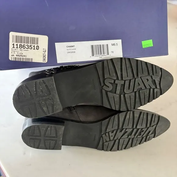 $575 STUART WEITZMAN Suede Chainit Ankle Boots Slate Gray Leather Booties SZ 6.5