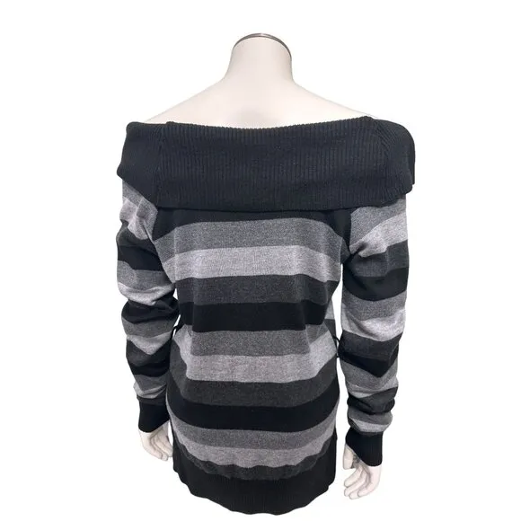 AB Studio Off Shoulder Chevron Stripe Alternating Gray Black Cowl Neck Sweater S