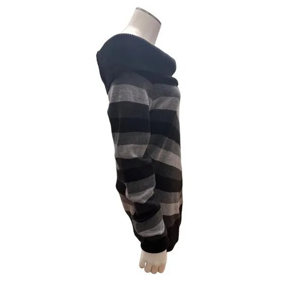 AB Studio Off Shoulder Chevron Stripe Alternating Gray Black Cowl Neck Sweater S