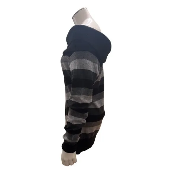 AB Studio Off Shoulder Chevron Stripe Alternating Gray Black Cowl Neck Sweater S
