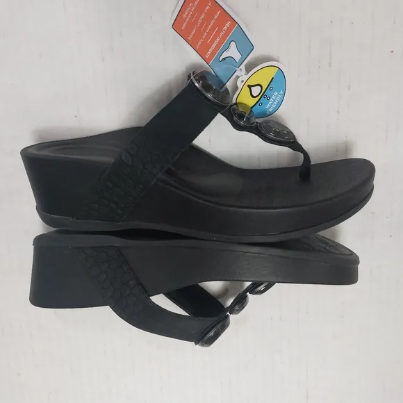 Aetrex Elyse Women's Black Thong Wedge Sandals Size 8.5M NWT