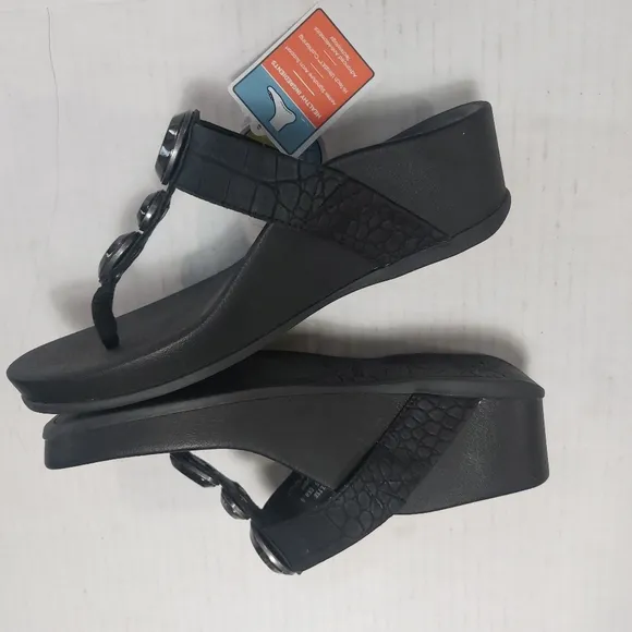 Aetrex Elyse Women's Black Thong Wedge Sandals Size 8.5M NWT