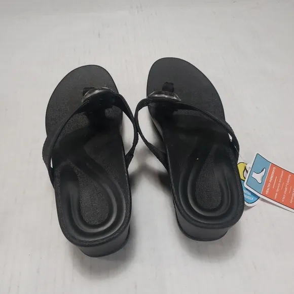 Aetrex Elyse Women's Black Thong Wedge Sandals Size 8.5M NWT