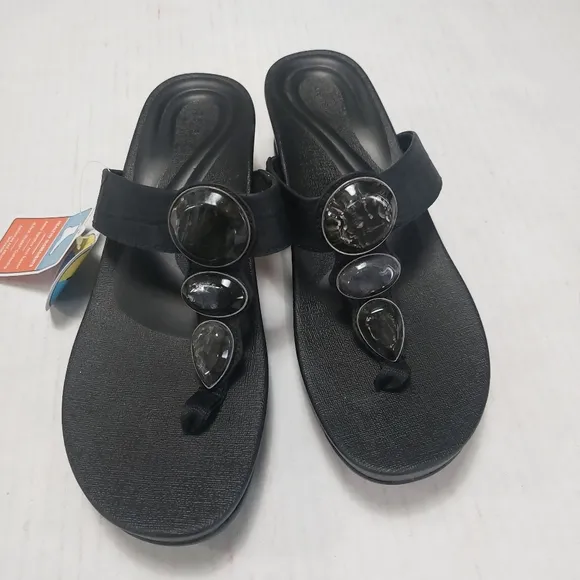 Aetrex Elyse Women's Black Thong Wedge Sandals Size 8.5M NWT