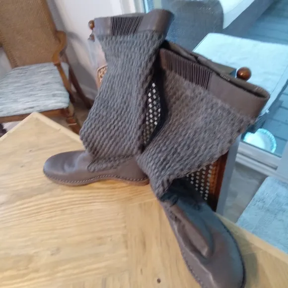 Aettrex Amber Gray Leather Knit Sweater Tweed Wedge Women's Boots Eur 40 (9-9.5)