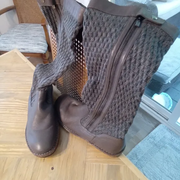 Aettrex Amber Gray Leather Knit Sweater Tweed Wedge Women's Boots Eur 40 (9-9.5)
