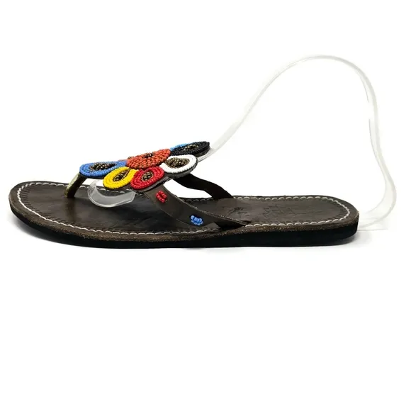 Afro Styles Kenya Beaded Flower Flat Leather Sandals Flip Flops Women's EU 39