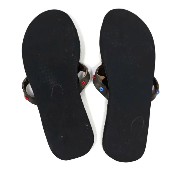 Afro Styles Kenya Beaded Flower Flat Leather Sandals Flip Flops Women's EU 39