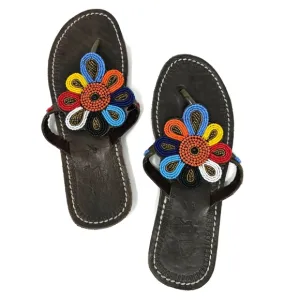 Afro Styles Kenya Beaded Flower Flat Leather Sandals Flip Flops Women's EU 39