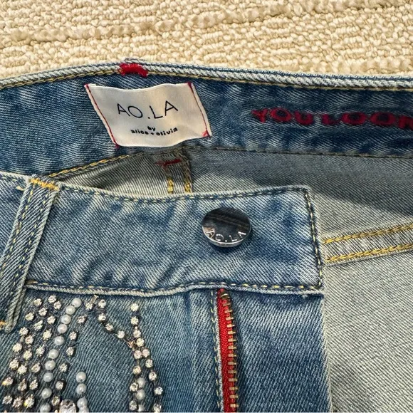Alice   Olivia “Sweet Emotion” Blue Embellished Crystal Jeans | Size 25