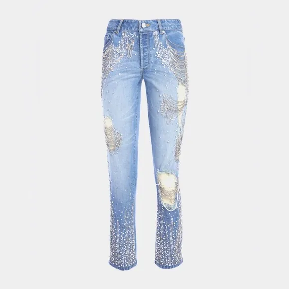 Alice   Olivia “Sweet Emotion” Blue Embellished Crystal Jeans | Size 25