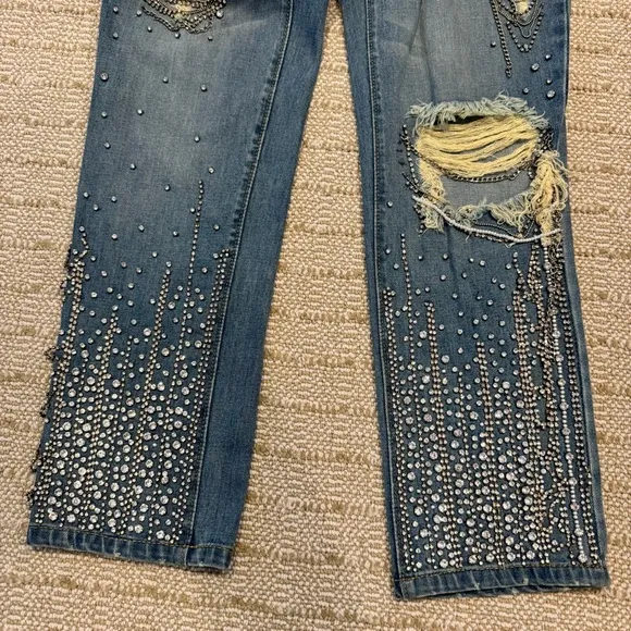Alice   Olivia “Sweet Emotion” Blue Embellished Crystal Jeans | Size 25