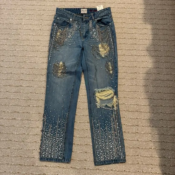 Alice   Olivia “Sweet Emotion” Blue Embellished Crystal Jeans | Size 25