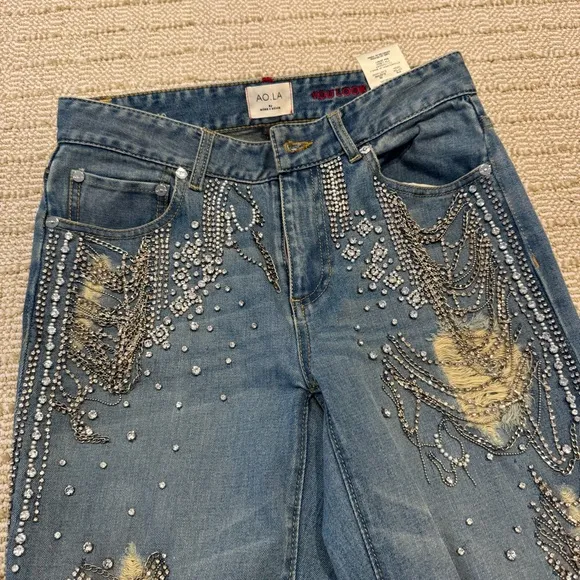 Alice   Olivia “Sweet Emotion” Blue Embellished Crystal Jeans | Size 25
