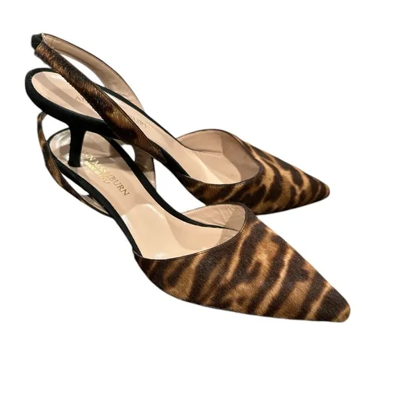 ANN MASHBURN KITTEN HEEL SLINGBACK ANIMAL PRINT POINTY TOE SHOES 38