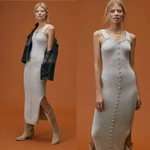 Anthropologie Joslin Slim Midi Dress Gray Linen Cotton Blend Knit M Medium NWT