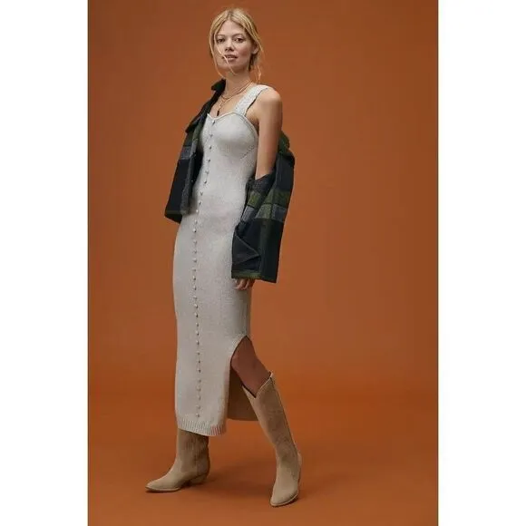 Anthropologie Joslin Slim Midi Dress Gray Linen Cotton Blend Knit M Medium NWT