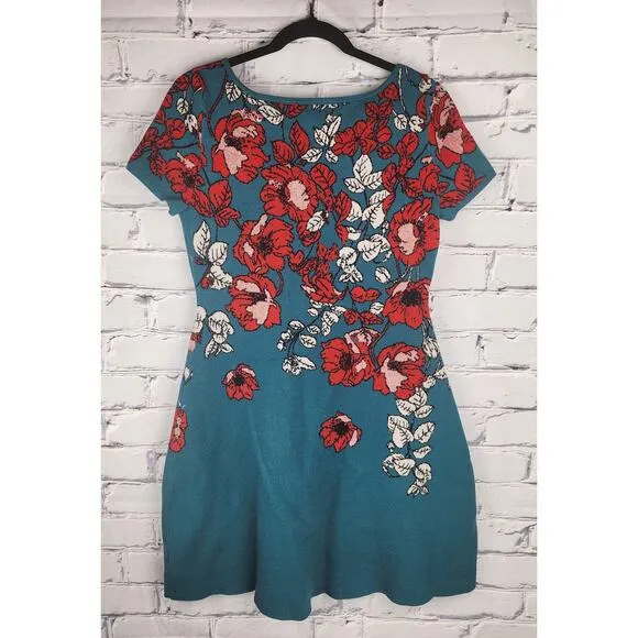 Anthropologie Maeve Women's M Allison Floral Knit Sweater Dress  Flowers Teal