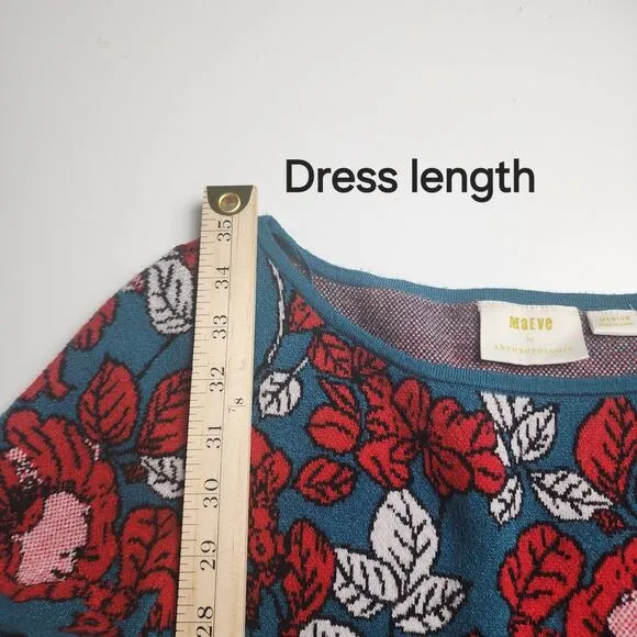 Anthropologie Maeve Women's M Allison Floral Knit Sweater Dress  Flowers Teal