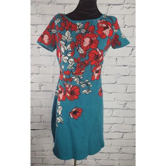 Anthropologie Maeve Women's M Allison Floral Knit Sweater Dress  Flowers Teal