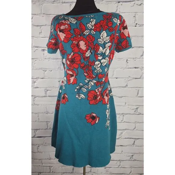 Anthropologie Maeve Women's M Allison Floral Knit Sweater Dress  Flowers Teal