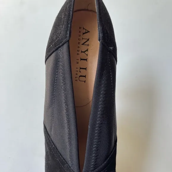 ANYI LU Heart Suede Leather Bow Elastic Side Women Pump Heel Shoes Size 37.5 EUR