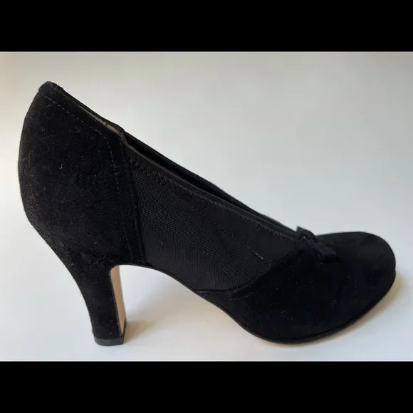 ANYI LU Heart Suede Leather Bow Elastic Side Women Pump Heel Shoes Size 37.5 EUR