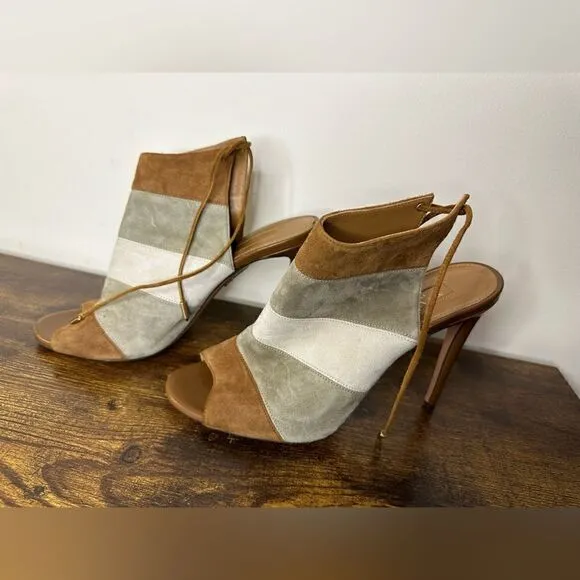 AQUAZZURA Size 8.5 Grey &amp; Tan ColorBlock Suede Open Toe Boots sz 39 US 9