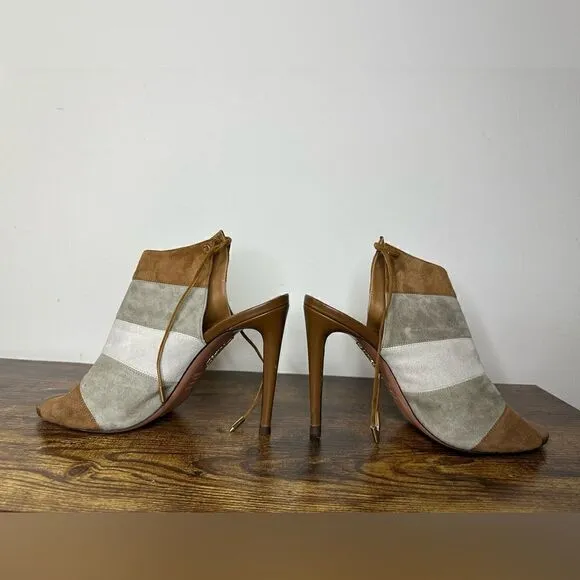 AQUAZZURA Size 8.5 Grey &amp; Tan ColorBlock Suede Open Toe Boots sz 39 US 9