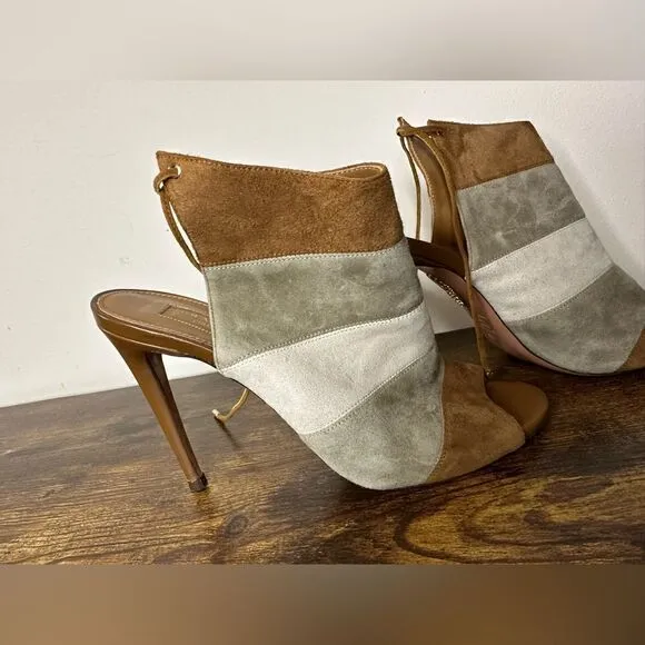 AQUAZZURA Size 8.5 Grey &amp; Tan ColorBlock Suede Open Toe Boots sz 39 US 9