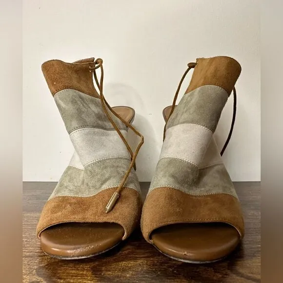 AQUAZZURA Size 8.5 Grey &amp; Tan ColorBlock Suede Open Toe Boots sz 39 US 9