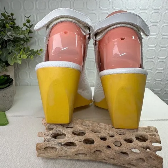 Arche EGZY CLOGS White and Yellow Leather Wedge Sandals Size 39 US Size 8