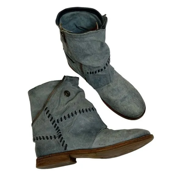 A.S.98 Tumbleweed Patchwork Leather Ankle Boots Teal Sundance Catalog 41 9.5 10
