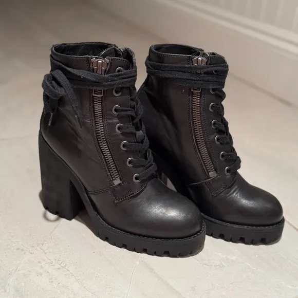 ASH Poker Size 5 High Heel Platform Lug Sole Lace Up Black Leather Ankle Boots