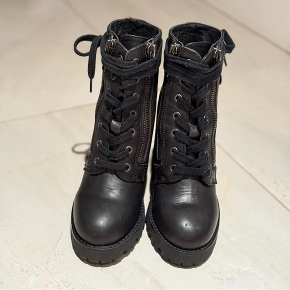 ASH Poker Size 5 High Heel Platform Lug Sole Lace Up Black Leather Ankle Boots