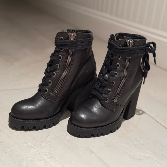 ASH Poker Size 5 High Heel Platform Lug Sole Lace Up Black Leather Ankle Boots