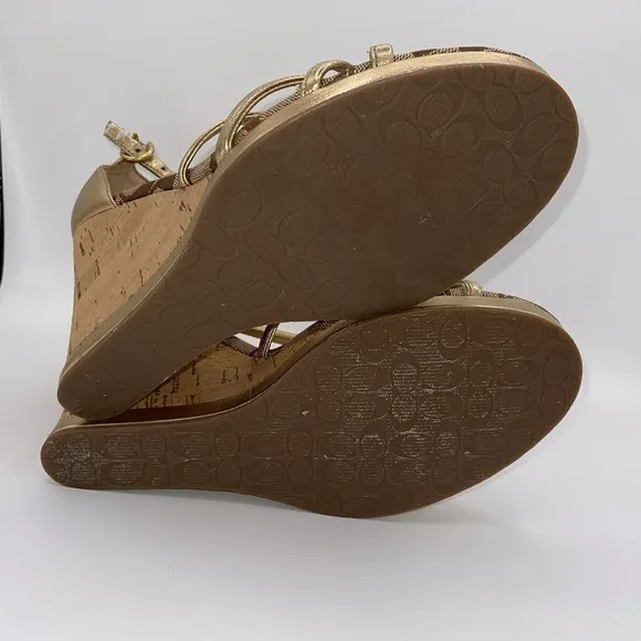 Authentic Coach Joslin Gold Metallic Strap Cork Wedge Heel Sandal ~Women 7 1/2 M