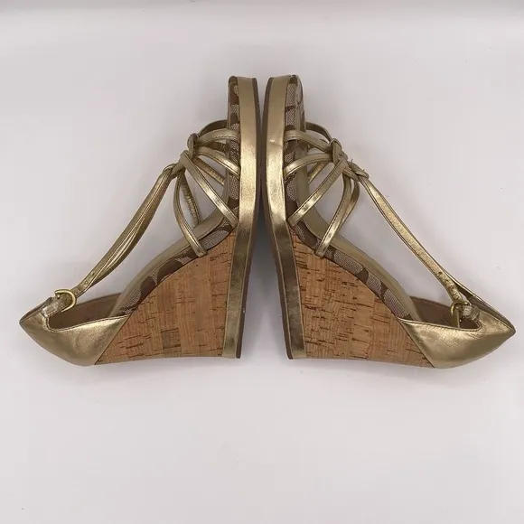 Authentic Coach Joslin Gold Metallic Strap Cork Wedge Heel Sandal ~Women 7 1/2 M