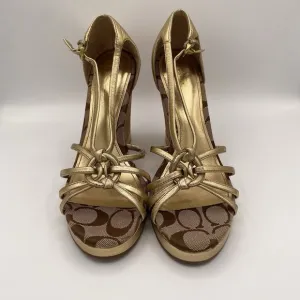Authentic Coach Joslin Gold Metallic Strap Cork Wedge Heel Sandal ~Women 7 1/2 M