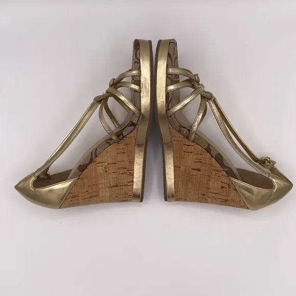 Authentic Coach Joslin Gold Metallic Strap Cork Wedge Heel Sandal ~Women 7 1/2 M