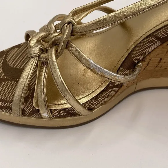 Authentic Coach Joslin Gold Metallic Strap Cork Wedge Heel Sandal ~Women 7 1/2 M