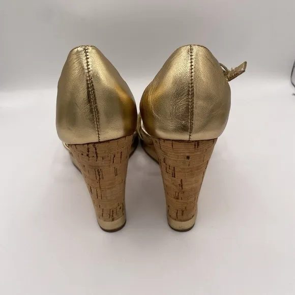 Authentic Coach Joslin Gold Metallic Strap Cork Wedge Heel Sandal ~Women 7 1/2 M