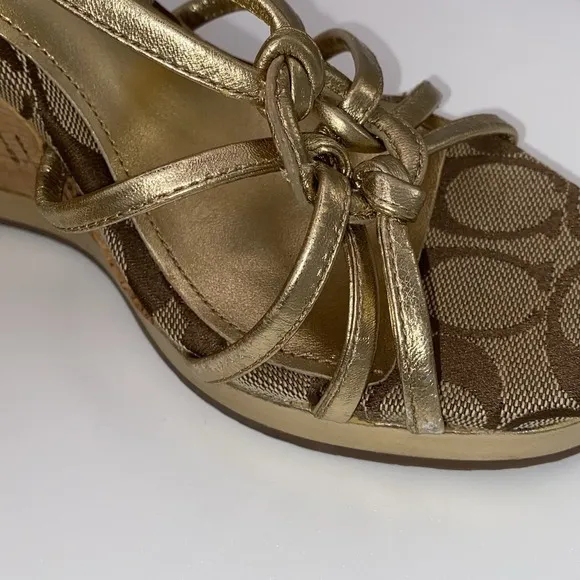 Authentic Coach Joslin Gold Metallic Strap Cork Wedge Heel Sandal ~Women 7 1/2 M