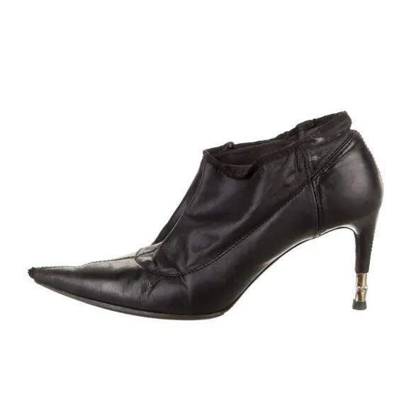 Authentic Gucci Gold Bamboo Heel Black Stretch Leather Ankle Boots Size 7